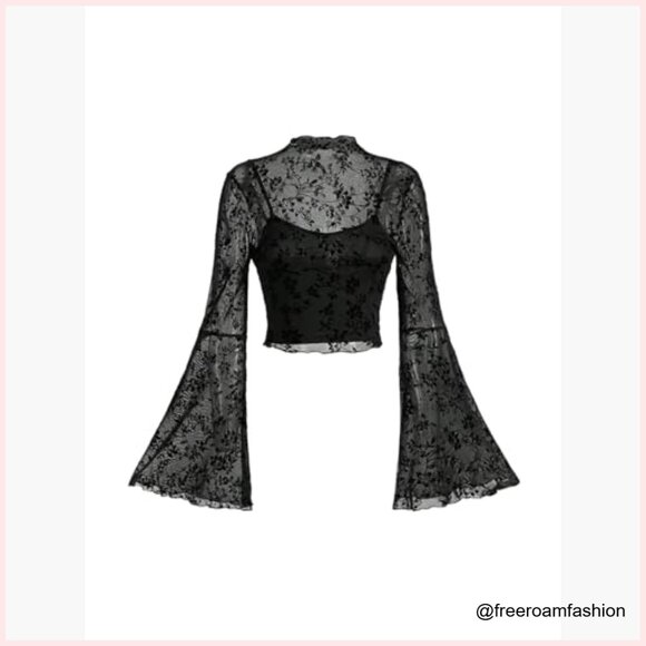 Mesh Crop Top with Bell Sleeves Floral Print Slim Fit Summer Tee - Picture 2 of 5